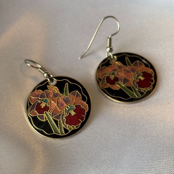EUC Vintage Cloisonné Floral Gold-Tone Enamel Drop Dangle Earrings with Orchids - Picture 3 of 11